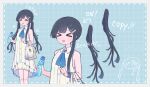 &gt;_&lt; 1girl alternate_hairstyle bag black_hair blue_background blue_ribbon blush border bottle brooch cevio collared_dress commentary_request detached_hair doodle_inset dress english_text furrowed_brow futaba_minato glass_bottle grey_border grid_background hair_ornament hairclip handbag highres holding holding_bottle jewelry long_hair multiple_views neck_ribbon open_mouth ramune ribbon sleeveless sleeveless_dress smartwatch standing tachi-e tasese translation_request twintails watch white_dress wristwatch 