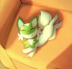 2024 ambiguous_gender digital_media_(artwork) eyes_closed feral fur furniture generation_9_pokemon green_body green_fur hi_res lying nintendo on_side otakuap pawpads pink_nose pokemon pokemon_(species) shadow sofa solo sprigatito