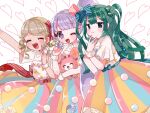  3girls :d ;d animal arm_up blue_eyes blunt_bangs blush bow brown_hair closed_eyes cowboy_shot fork green_hair hair_bow hand_up holding holding_animal holding_fork kira_(kiratwins) long_hair looking_at_viewer manaka_non multiple_girls one_eye_closed open_mouth outstretched_arm pretty_series pripara purple_eyes purple_hair rabbit shirt short_hair short_sleeves side_ponytail skirt smile standing striped_clothes striped_skirt taiyo_pepper third-party_source tsukikawa_chili two_side_up vertical-striped_clothes vertical-striped_skirt very_long_hair white_shirt wrist_cuffs 