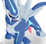 absurd_res anthro ass_up blue_body bodily_fluids claws dialga digital_media_(artwork) dracodrawer dragon erection feral generation_4_pokemon genital_fluids genitals hi_res jack-o&#039;_pose legendary_pokemon looking_at_viewer male mythological_creature mythological_scalie mythology nintendo penis pokemon pokemon_(species) pose red_eyes reptile scales scalie shaded signature simple_background solo tail tongue tongue_out