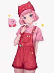  1girl absurdres aendi_en_d_endei animal_hat blue_eyes blunt_bangs blush bob_cut child colored_eyelashes finger_to_own_chin hat highres kirby kirby&#039;s_dream_land kirby_(series) looking_at_viewer nail_polish personification pink_hair pink_shirt shirt short_hair shorts signature smile standing star_(symbol) suspender_shorts suspenders t-shirt upper_body white_background 