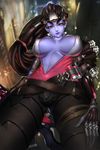  erect_nipples gun no_bra open_shirt overwatch widowmaker 