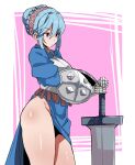  1girl arm_shield armor bare_legs blue_hair braid braided_bun breastplate breasts brown_hairband buckler closed_mouth dress hair_between_eyes hair_bun hair_intakes hairband highres juliet_sleeves large_breasts long_hair long_sleeves puffy_sleeves red_eyes rein_(rafael_3682) shield sidelocks standing thighs unicorn_overlord virginia_(unicorn_overlord) 