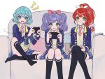  3girls aged_up ahoge ao_(ao0_0nemu) bad_id bad_twitter_id bag baozi black_thighhighs blue_eyes blue_hair blue_jacket blue_skirt bow collared_shirt concentrating couch cropped_jacket crossed_ankles crossed_legs dorothy_west feet_out_of_frame food full_body green_eyes hair_bow hands_up highres jacket kneehighs long_hair long_sleeves looking_at_viewer manaka_laala manaka_laala_(young) miniskirt mouth_hold multiple_girls necktie no_shoes on_couch open_mouth paper_bag paprika_private_academy_school_uniform pillow pink_bow pink_necktie plaid plaid_skirt playing_games pleated_skirt ponytail pretty_series pripara purple_hair red_hair school_uniform shiratama_mikan shirt short_hair sitting skirt socks thighhighs twintails vest wavy_mouth white_background white_shirt yellow_eyes yellow_vest 