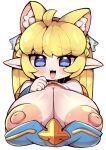  1girl :3 :d ahoge animal_ear_fluff animal_ears arch_bishop_(ragnarok_online) blonde_hair blue_dress blue_eyes blush braid breasts breasts_out cat_ears commentary_request cropped_torso cross crown_braid dress huge_breasts large_areolae long_hair looking_at_viewer medium_bangs nekoyuu nipples open_mouth pointy_ears ragnarok_online sidelocks simple_background smile solo upper_body white_background 