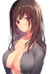  :&lt; blush breasts brown_hair cardigan cleavage collarbone commentary_request large_breasts long_hair looking_at_viewer matarou_(genkai_toppa) no_bra open_cardigan open_clothes original red_eyes signature solo transparent_background 
