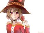  bare_shoulders brown_hair collar collarbone eyepatch eyepatch_removed hat kono_subarashii_sekai_ni_shukufuku_wo! looking_at_viewer megumin red_eyes short_hair signature simple_background smile solo strapless surato upper_body white_background witch_hat 