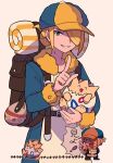  1boy backpack bag blonde_hair brown_bag grey_eyes grin hair_over_one_eye hat highres holding holding_pokemon index_finger_raised jumpsuit long_sleeves looking_at_viewer male_focus multiple_views pokemon pokemon_(creature) pokemon_legends:_arceus smile teeth togepi tyako_089 volo_(pokemon) yellow_hat 