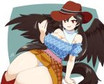  1girl bandana bare_shoulders black_hair black_wings bonobo_(odenokaz) boots breasts brown_hat brown_skirt cleavage cowboy_hat feathered_wings feet_out_of_frame frilled_sleeves frills hat highres horse_girl horse_tail kurokoma_saki low_ponytail off-shoulder_shirt off_shoulder open_mouth panties plaid plaid_shirt puffy_short_sleeves puffy_sleeves red_eyes red_footwear scarf shirt short_sleeves skirt smile solo tail thick_thighs thighs touhou underwear white_bandana white_panties white_scarf wings 