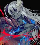  1boy claws colored_skin demon demon_boy devil_may_cry_(series) devil_trigger glowing glowing_eyes highres holding horns long_hair looking_at_viewer male_focus nero_(devil_may_cry) nonnon9977 sharp_teeth solo teeth white_hair wings yellow_eyes 