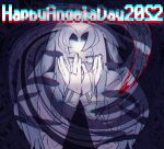  1girl 2022 absurdres angela_(project_moon) black_feathers blood blue_hair coat covering_own_mouth drawn_smile feathers hands_up highres lab_coat library_of_ruina lobotomy_corporation long_hair madotsuki_ren parted_bangs project_moon sidelocks solo very_long_hair white_coat yellow_eyes 