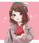  1girl artist_name border brown_eyes brown_hair commentary_request gloria_(pokemon) highres holding holding_poke_ball looking_at_viewer medium_hair open_mouth outside_border poke_ball poke_ball_(basic) pokemon pokemon_swsh red_background simple_background smile solo sparkle suimin_ap twitter_username upper_body white_border 
