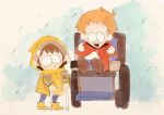  2boys brown_hair chibi coat crutch eturanyou highres hood hood_up jimmy_valmer male_focus multiple_boys orange_hair rain raincoat red_coat short_hair sitting smile south_park timmy_burch uneven_eyes wheelchair yellow_coat 