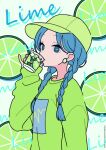  1girl baseball_cap blue_eyes blue_hair breasts commentary cup dated drinking_glass food fruit green_hat green_shirt grey_background hand_up hat highres holding holding_cup lime_(fruit) lime_slice long_hair long_sleeves looking_at_viewer low_twintails neki_(wakiko) original parted_bangs puffy_long_sleeves puffy_sleeves shirt simple_background sleeves_past_wrists small_breasts solo twintails twitter_username upper_body 