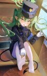  1girl absurdres black_hat black_jacket black_tail blue_archive blush demon_tail doodle_sensei_(blue_archive) fang green_hair green_halo hair_between_eyes halo hat highlander_twintails_conductor_(blue_archive) highres jacket long_hair long_sleeves open_mouth pantyhose peaked_cap pointy_ears sensei_(blue_archive) sitting skin_fang smile soles solo tablet_pc tail toes twintails white_pantyhose yellow_eyes yuhezi 