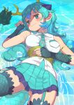  1girl absurdres armlet ass_visible_through_thighs bare_shoulders belt blue_dragon_(kemono_friends) blue_eyes blue_hair blush breast_pocket breasts closed_mouth collared_shirt dragon_ears dragon_girl dragon_horns dragon_tail extra_ears fingerless_gloves fishnet_gloves fishnets from_above gloves green_belt hair_between_eyes highres horns impossible_clothes japari_symbol jitome kemono_friends kemono_friends_3 large_breasts long_hair looking_at_viewer lying necktie on_back osnmykk pocket shirt skirt sleeveless smile solo tail thigh_gap thighhighs thighs wavy_mouth yellow_horns 