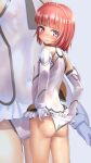  1girl adjusting_clothes adjusting_leotard aikawa_aika alice_gear_aegis ass blush braid crown_braid elbow_gloves flat_chest from_behind gloves leotard looking_at_viewer looking_back multiple_views navel nipples pink_eyes red_hair sasayuki see-through short_hair smile white_leotard 