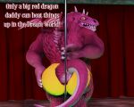 2023 3d_(artwork) 5:4 albalbalb anthro big_butt butt clothing courtains digital_media_(artwork) dragon english_text giana_sisters gurglewocky_(giana_sisters) hand_on_butt hand_on_pole hi_res horn looking_at_viewer looking_back looking_back_at_viewer male musclegut muscular muscular_anthro muscular_male mythological_creature mythological_scalie mythology pole pole_between_cheeks red_body red_eyes red_scales scales scalie smile solo strip_club stripper_pole tail tan_body tan_scales text underwear wings yellow_clothing yellow_eyes yellow_underwear