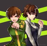  bad_anatomy jacket niijima_makoto persona persona_4 persona_5 satonaka_chie school_uniform short_hair solo track_jacket yasogami_school_uniform 