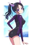  1girl absurdres black_hair black_leotard bracelet character_request cowboy_shot erect_nipples from_side highres horns jewelry kuroneko_w1nter leotard long_hair long_sleeves looking_at_viewer nail_polish pink_nails ponytail purple_eyes purple_sleeves shiny shiny_clothes solo standing 