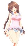  1girl :d alternate_costume arms_at_sides bare_arms barefoot blue_panties blush bra-ban! braid breasts brown_hair commentary curvy dress foot_out_of_frame frilled_dress frills hair_between_eyes hair_intakes head_tilt highres komatsu_(sakanae) long_hair looking_at_viewer low_twin_braids medium_breasts nakanoshima_tae open_mouth panties pantyshot pink_dress red_eyes shiny_skin short_dress simple_background sleeveless sleeveless_dress smile solo standing standing_on_one_leg thighs twin_braids underwear very_long_hair white_background 