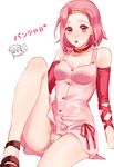  1girl :o arm_warmers bad_id bad_pixiv_id blood breasts chibi chibi_inset choker cleavage dress earrings hairband headband heart jewelry jojo_no_kimyou_na_bouken kishibe_rohan medium_breasts nosebleed open_mouth panties pantyshot pantyshot_(sitting) pink_dress pink_hair red_eyes ribbon rin2010 sandals sitting sugimoto_reimi translated underwear white_panties 