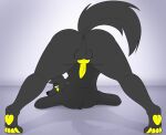  anthro anus balls butt canid canine canis fur genitals gera_frey hair jack-o&#039;_pose looking_at_viewer looking_back male mammal penis pose presenting presenting_hindquarters raised_tail rear_view simple_background smile softdiamond solo tail wolf yellow_penis 