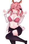  absurdres animal_ears bad_id bad_pixiv_id black_legwear blush bra breasts cleavage collarbone fang fate/extra fate/grand_order fate_(series) fox_ears gbsn highres large_breasts midriff navel one_eye_closed open_clothes open_mouth pink_bra pink_hair simple_background solo tamamo_(fate)_(all) tamamo_no_mae_(fate) underwear white_background yellow_eyes 