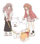  2girls :d black_skirt black_socks blue_eyes blush brown_hair brown_skirt cable_knit cardigan closed_mouth cocov collared_shirt dog dot_nose facing_down flower full_body hair_flower hair_ornament hanasato_minori high-waist_skirt highres holding holding_leash leash long_hair long_skirt long_sleeves looking_at_animal looking_down mochizuki_honami multiple_girls open_cardigan open_clothes open_mouth pet_walking pink_sweater_vest plaid plaid_skirt pleated_skirt project_sekai red_cardigan shiba_inu shirt shoes side_ponytail sidelocks simple_background skirt smile sneakers socks sweater_vest v-neck white_background white_footwear white_shirt 