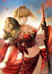  1girl armor blonde_hair braid braided_ponytail camisole fate/extra fate/grand_order fate_(series) green_eyes highres holding holding_sword holding_weapon jewelry kankitsurui_(house_of_citrus) nero_claudius_(fate) nero_claudius_(fate/extra) red_camisole short_hair shoulder_armor skirt sword weapon 