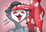  ahegao anthro avian bird blitzo_(helluva_boss) blush bodily_fluids dripping duo erection genital_fluids genitals grey_body helluva_boss hi_res humanoid imp looking_pleasured male male/male owl penile penis penis_on_face penis_worship precum precum_drip ravirr red_body red_eyes saliva saliva_string stolas_(helluva_boss) tail text tongue tongue_out 