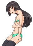  1girl bikini black_hair black_thighhighs breasts cleavage commentary_request green_bikini groin highres holding_own_arm kakone long_hair looking_at_viewer navel open_mouth original simple_background solo swimsuit teeth thighhighs upper_teeth_only white_background 