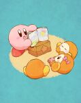  :d black_eyes blue_background blush_stickers book bow closed_eyes colored_skin harukui highres kirby kirby_(series) open_book open_mouth picture_book pink_bow pink_skin red_footwear shoes sitting sleeping smile star_(symbol) stuffed_toy waddle_dee yellow_footwear 