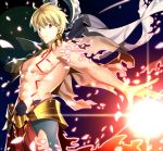  1boy blonde_hair cowboy_shot earrings eyebrows_visible_through_hair fate/stay_night fate_(series) gilgamesh hair_between_eyes jewelry looking_at_viewer male_focus outstretched_arms outstretched_hand red_eyes sen_(77nuvola) solo standing 