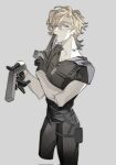  1boy aventurine_(honkai:_star_rail) black_gloves black_shirt blonde_hair dog_tags gloves gun hair_between_eyes highres holding holding_gun holding_weapon honkai:_star_rail honkai_(series) jewelry male_focus mari49762704 neck_tattoo necklace official_alternate_costume purple_eyes shirt short_hair solo t-shirt tattoo upper_body weapon 