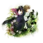  2boys black_cape black_flower black_gloves black_hair black_shirt brown_hair cape closed_mouth code_geass commentary_request flower gloves green_eyes kururugi_suzaku lelouch_vi_britannia long_sleeves male_focus multiple_boys pink_eyes shirt short_hair two-sided_cape two-sided_fabric white_gloves yuukichi 