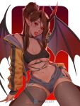  1girl bat_wings black_collar black_tank_top black_wings brown_hair collar cropped_shirt demon_girl demon_horns denim denim_shorts eyeshadow hand_on_ground hand_on_own_hip horns inhoso jacket jacket_partially_removed kneeling long_hair makeup midriff open_clothes open_fly open_jacket open_mouth original piercing pointy_ears ponytail red_background red_eyes red_eyeshadow red_horns red_lips red_wings short_shorts shorts sideways_glance single_bare_shoulder solo straight_hair tank_top teeth thighhighs tongue tongue_piercing triangle_facial_mark white_background wings yellow_jacket 
