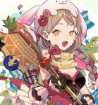  1girl animal_hat axe bow braid breasts brown_eyes brown_hair cleavage easter fire_emblem fire_emblem_engage fire_emblem_heroes flower framme_(fire_emblem) framme_(spring)_(fire_emblem) gloves hair_flower hair_ornament hat highres holding holding_weapon looking_at_viewer open_mouth rabbit_hat scarf small_breasts smile solo upper_body weapon yachimata_1205 