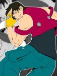  1boy aqua_pants black_hair character_request commentary_request copyright_request fingerless_gloves gloves grey_eyes highres kakone looking_at_viewer male_focus muscular muscular_male pants parted_lips pocket short_hair yellow_gloves zoom_layer 