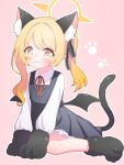  1girl :3 absurdres animal_ear_fluff animal_ears animal_hands black_tail black_wings blonde_hair blue_archive blush cat_ears cat_paws cat_tail demon_wings dress extra_ears halo highres ibuki_(blue_archive) long_hair paw_print paw_print_background petako_(ptpt_k) pinafore_dress pink_background pointy_ears ribbon sleeveless sleeveless_dress solo tail wings yellow_eyes yellow_halo 