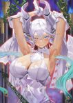  1girl armpits breasts cleavage demon_girl demon_horns demon_wings dress duel_monster gloves grey_eyes highres horns large_breasts looking_at_viewer lovely_labrynth_of_the_silver_castle low_wings open_mouth pointy_ears sayaka_ikku smile solo twintails white_hair white_horns wings yu-gi-oh! 
