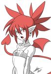  1girl bat_wings disgaea earrings elbow_gloves etna flat_chest gloves highres jewelry pointy_ears red_eyes red_hair skull_earrings solo tail twintails wings 