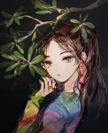  1girl animification black_background branch brown_hair close-up dress earrings english_commentary hrd0c irene_(red_velvet) jewelry k-pop long_hair looking_at_viewer multicolored_clothes multicolored_dress real_life red_velvet_(group) ring sidelocks signature solo upper_body 