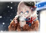  1girl black-framed_eyewear black_hat blue_eyes blue_ribbon blue_scarf blurry blurry_background border brown_coat coat cup depth_of_field disposable_cup duffel_coat enpera fading_border glasses hair_ribbon hat holding holding_cup long_sleeves looking_at_viewer nabeshima_tetsuhiro night open_mouth original outdoors ribbon scarf sidelocks silver_hair snowing solo standing steam union_jack upper_body winter winter_clothes 