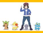  1boy blue_jacket boots bracelet calem_(pokemon) chespin clenched_hand commentary_request espurr eyewear_on_headwear fennekin froakie grey_eyes grin hand_up hat highres index_finger_raised jacket jewelry long_sleeves male_focus meme pants pokedance_(meme) pokemon pokemon_(creature) pokemon_xy red_hat sana_(37pisana) short_hair smile standing starter_pokemon_trio sunglasses white_background 