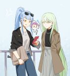  2girls absurdres alternate_hairstyle anger_vein arms_behind_back bag bang_dream! bang_dream!_it&#039;s_mygo!!!!! black_jacket black_shirt blue_background blue_hair blue_pants brown_coat cellphone coat commentary_request dated_commentary denim earrings eyewear_on_head green_hair grey_shirt grey_skirt handbag highres holding holding_phone jacket jeans jewelry long_hair long_sleeves multiple_girls neck outdoors pants parted_lips phone ponytail railing shirt skirt sleeves_rolled_up smartphone sunglasses sweat togawa_sakiko very_long_hair wakaba_mutsumi watch wristwatch yellow_eyes yuutenji_nyamu yzj21333 