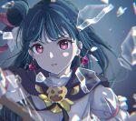  1girl absurdres broken_glass brooch capelet chromatic_aberration clenched_teeth commentary earrings feather_hair_ornament feathers genjitsu_no_yohane glass gradient_background grey_background hair_bun hair_ornament heart heart_earrings highres jewelry looking_at_viewer love_live! love_live!_sunshine!! profile_picture red_eyes seubchok simple_background single_hair_bun solo staff teeth tsushima_yoshiko twitter_username upper_body v-shaped_eyebrows yohane_(genjitsu_no_yohane) 