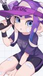  bandaid bike_shorts hat highres holding holding_weapon looking_at_viewer octoling octoling_girl octoling_player_character octoshot_(splatoon) open_mouth purple_eyes purple_hair purple_hat purple_shirt sahata_saba shirt simple_background single_vertical_stripe splatoon_(series) splatoon_3 suction_cups tentacle_hair visor_cap weapon white_background 