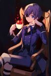  1boy 2024 artist_name bishounen black_background black_thighhighs blue_eyes blue_hair blue_jacket blue_ribbon blue_shorts buttons chair ciel_phantomhive closed_mouth coffee_mug crossed_legs cup dark_blue_hair dated eyepatch falling_petals flower hair_between_eyes hand_on_own_cheek hand_on_own_face highres holding holding_cup jacket kuroshitsuji looking_at_viewer male_focus mengweisama mug petals red_flower red_petals ribbon shirt short_hair shorts thigh_strap thighhighs white_shirt 