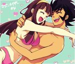  1girl bikini black_hair blue_background blush couple hairband heart hetero hug kabuto_kouji long_hair mazinkaiser pink_bikini shirtless sideburns simple_background smile spiked_hair swimsuit utou yumi_sayaka 